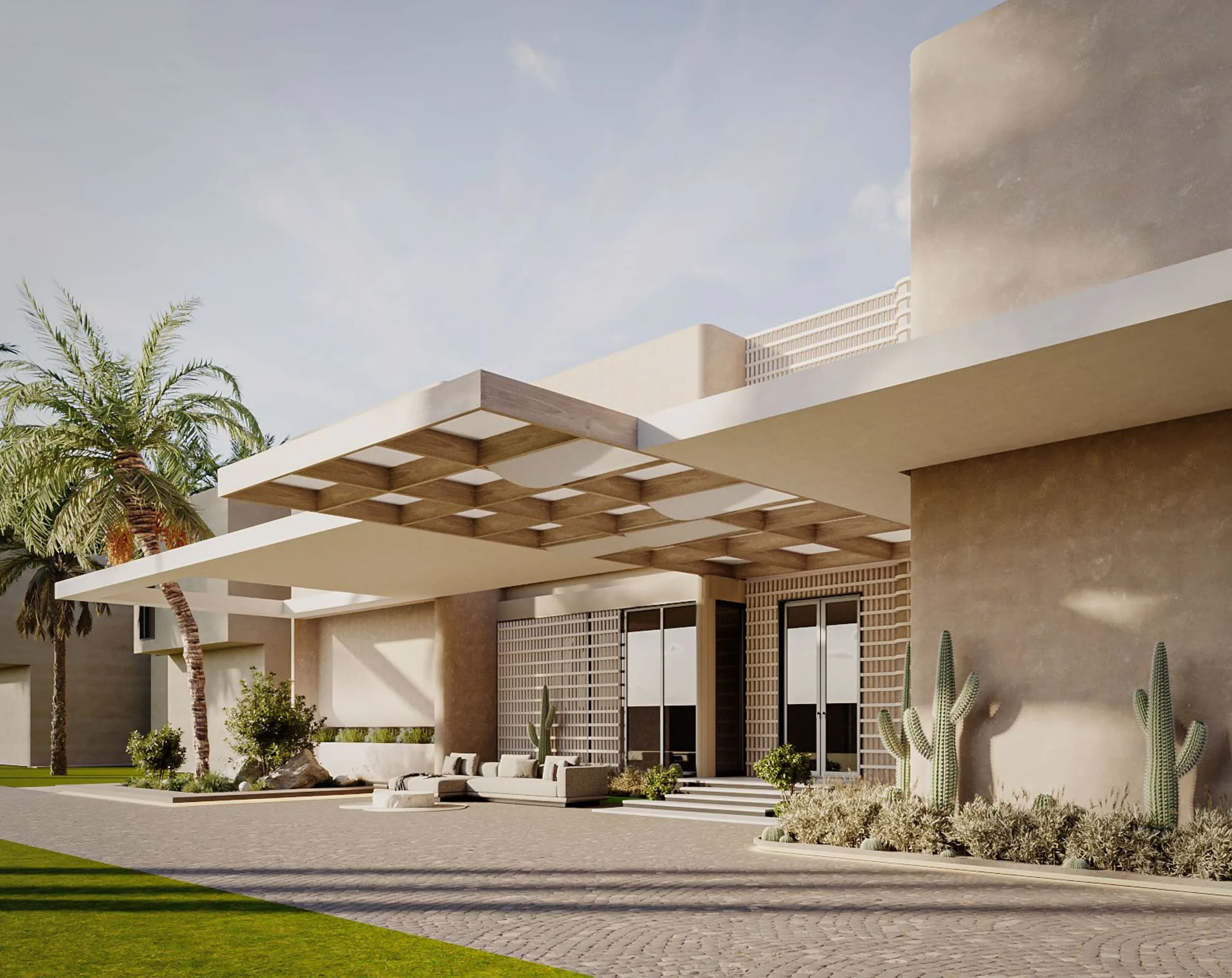 A low villa with a timber pergola and palms