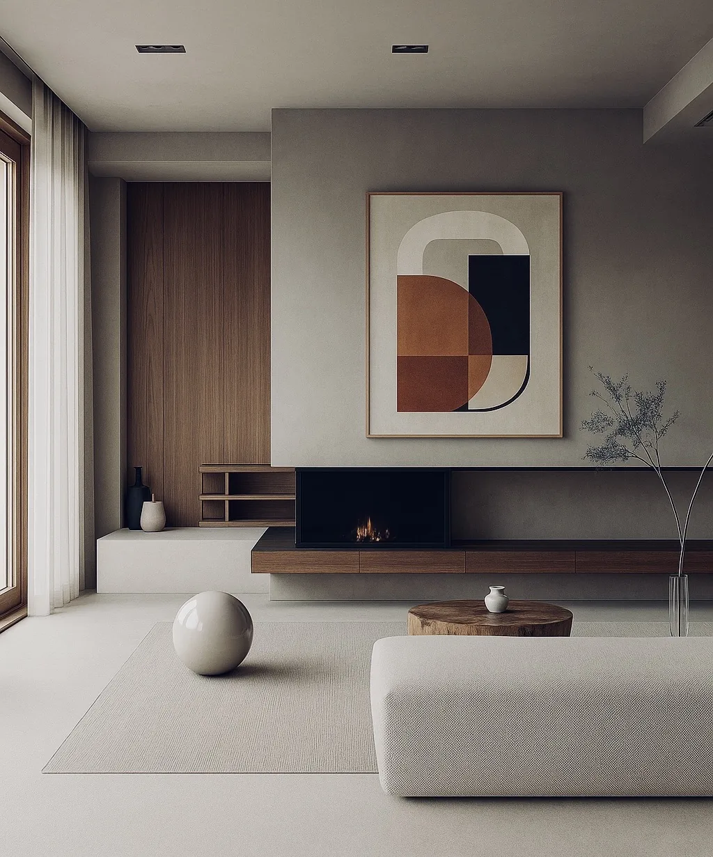 Living room with a stone sphere and timber shelving