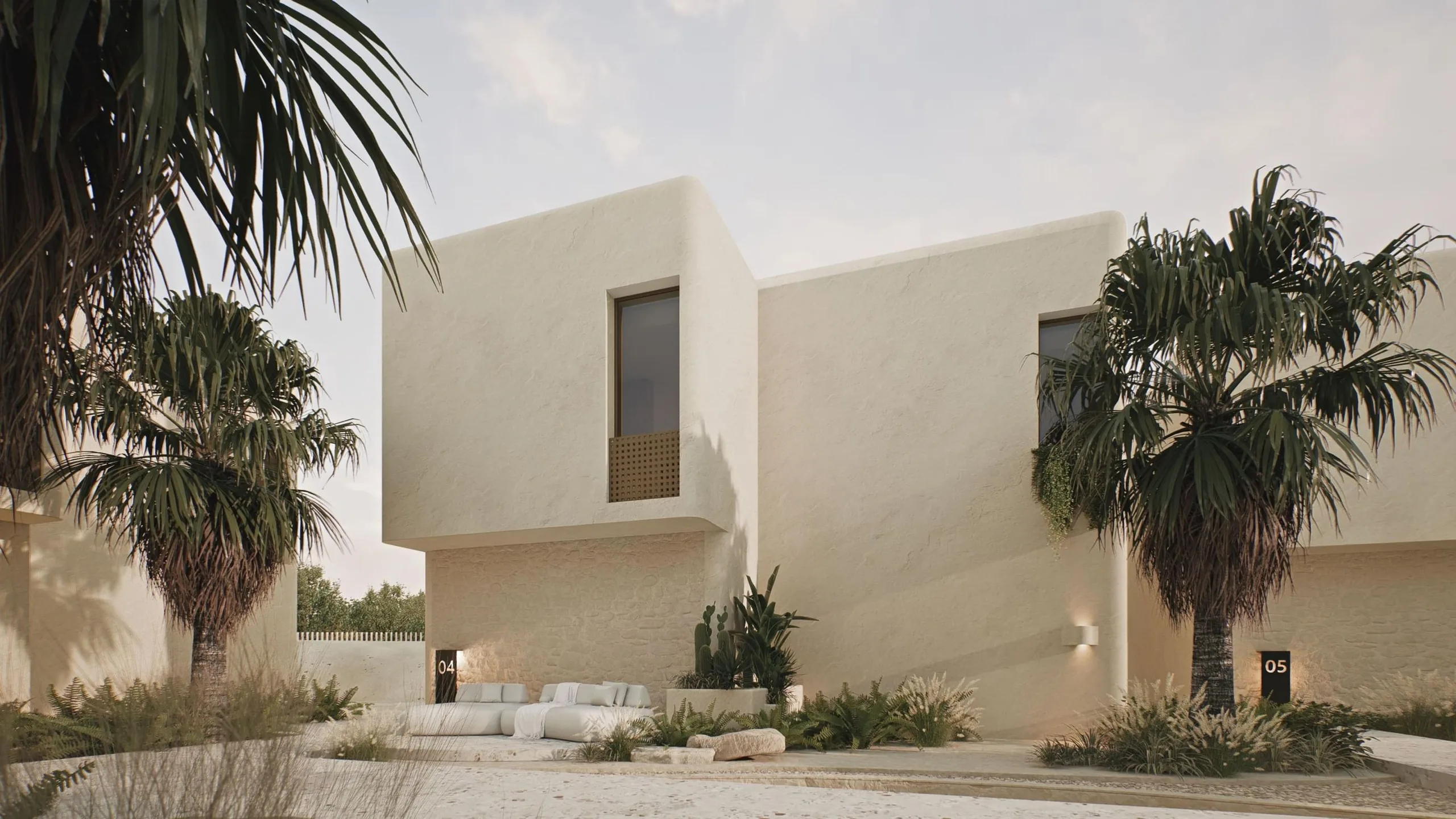 A whitewashed MASAN villa between palms